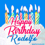 A cheerful animated GIF featuring colorful lit birthday candles on a white cake, with the text 'Happy Birthday Rodolfo' in bold red and blue script on a bright blue background.