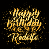 Animated GIF with colorful, festive 'Happy Birthday Rodolfo' text decorated with patterns, a party hat, and falling confetti. A vibrant and cheerful design for birthday celebrations.