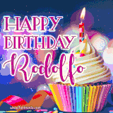 A festive animated GIF featuring a colorful cupcake with a single lit candle, sprinkles, and 'Happy Birthday Rodolfo' text against a sparkling, celebratory background.