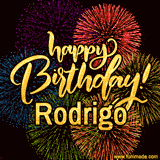 A vibrant display of multicolor fireworks with the text 'Happy Birthday Rodrigo' written in gold, glowing beautifully in front of the explosive background.