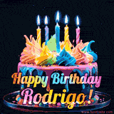 A vibrant animated GIF featuring a colorful rotating birthday cake with bright frosting swirls, glowing candles, and the text 'Happy Birthday Rodrigo!' in rainbow colors.