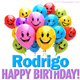 An animated birthday-themed name GIF with colorful smiling balloons and bold 'Rodrigo, Happy Birthday!' text for a celebratory touch.