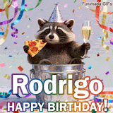 A humorous and festive Birthday GIF for Rodrigo. The raccoon enjoys a feast in a bin, adding a touch of comedy to the special wish with vibrant decorations.