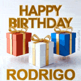 Perfectly looping animated GIF for Rodrigo's birthday displaying three colorful presents with gold ribbons moving up and down under golden 3D text