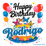A customized birthday card with the name Rodrigo, featuring a decorative cake topped with bright butterfly designs.