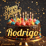 Shimmering gold stars and bokeh lights surround a chocolate drip cake personalized with the name Rodrigo.