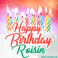 Happy Birthday GIF for Roisin with Birthday Cake and Lit Candles
