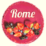 Beautifully decorated red velvet berry birthday cake with vibrant fruits and a glowing 'Rome' name, adding a touch of sweetness and sparkle.