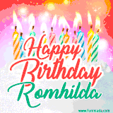 Bright birthday candles with rainbow flames on a cake, alongside the text 'Happy Birthday Romhilda' in vibrant script in this celebratory animated GIF.