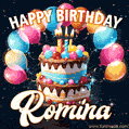 Hand-drawn happy birthday cake adorned with an arch of colorful balloons - name GIF for Romina