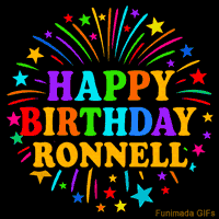 Vibrant animated GIF with 'Happy Birthday Ronnell' in rainbow-colored text, surrounded by colorful stars and fireworks on a black background.