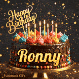 Shimmering animated card featuring a detailed chocolate cake and the name Ronny for his birthday celebration.