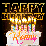 A vibrant animated GIF featuring a delicious birthday cake topped with glowing candles and the name 'Ronny' in elegant script, and the words 'Happy Birthday' on the black background.