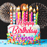 A lively happy birthday animated GIF showcasing a colorful birthday cake covered in sprinkles, topped with glowing candles, and surrounded by vibrant fireworks. The name 'Ronny' is featured in elegant script.
