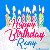 A cheerful animated GIF featuring colorful lit birthday candles on a white cake, with the text 'Happy Birthday Rony' in bold red and blue script on a bright blue background.