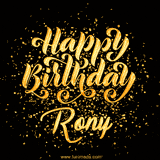 Animated GIF with colorful, festive 'Happy Birthday Rony' text decorated with patterns, a party hat, and falling confetti. A vibrant and cheerful design for birthday celebrations.