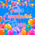 A vibrant animated GIF with 'Feliz Cumpleaños Rony' written in colorful script, surrounded by balloons, confetti, and bunting on a bright blue background.