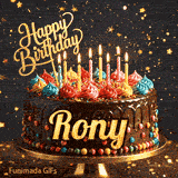 A chocolate drip birthday cake on a stand with colorful frosting and lit candles, featuring the name Rony in glowing yellow letters.