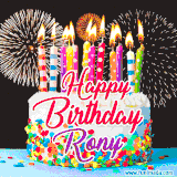 A lively happy birthday animated GIF showcasing a colorful birthday cake covered in sprinkles, topped with glowing candles, and surrounded by vibrant fireworks. The name 'Rony' is featured in elegant script.
