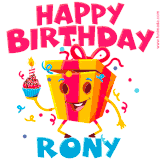 A funny animated birthday GIF with the words 'Happy Birthday Ronya', colorful gift box with arms and legs, holding a cupcake with a lit candle  with confetti everywhere.