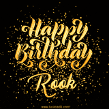 Animated GIF with colorful, festive 'Happy Birthday Rook' text decorated with patterns, a party hat, and falling confetti. A vibrant and cheerful design for birthday celebrations.