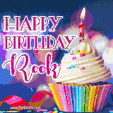 A festive animated GIF featuring a colorful cupcake with a single lit candle, sprinkles, and 'Happy Birthday Rook' text against a sparkling, celebratory background.
