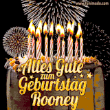 A chocolate birthday cake with glowing candles, the German text 'Alles Gute zum Geburtstag Rooney,' and vibrant fireworks lighting up the background in an animated GIF.