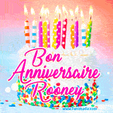 A white birthday cake covered in colorful sprinkles, topped with bright candles, and French text 'Bon Anniversaire Rooney' on a pastel gradient background in an animated GIF.