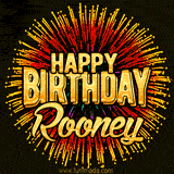 Golden 'Happy Birthday Rooney' text accompanied by animated rainbow fireworks for a festive animated greeting.