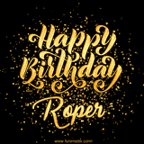 Animated GIF with colorful, festive 'Happy Birthday Roper' text decorated with patterns, a party hat, and falling confetti. A vibrant and cheerful design for birthday celebrations.