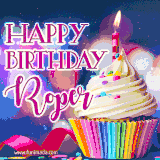 A festive animated GIF featuring a colorful cupcake with a single lit candle, sprinkles, and 'Happy Birthday Roper' text against a sparkling, celebratory background.
