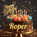 Festive birthday card animation with a chocolate cake, bright lit candles, and gold glittery text saying Happy Birthday Roper.