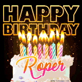 A vibrant animated GIF featuring a delicious birthday cake topped with glowing candles and the name 'Roper' in elegant script, and the words 'Happy Birthday' on the black background.