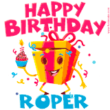 A funny animated birthday GIF with the words 'Happy Birthday Ropera', colorful gift box with arms and legs, holding a cupcake with a lit candle  with confetti everywhere.