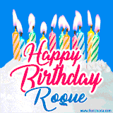 A cheerful animated GIF featuring colorful lit birthday candles on a white cake, with the text 'Happy Birthday Roque' in bold red and blue script on a bright blue background.
