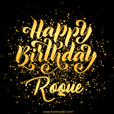 Animated GIF with colorful, festive 'Happy Birthday Roque' text decorated with patterns, a party hat, and falling confetti. A vibrant and cheerful design for birthday celebrations.