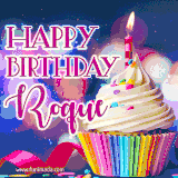 A festive animated GIF featuring a colorful cupcake with a single lit candle, sprinkles, and 'Happy Birthday Roque' text against a sparkling, celebratory background.