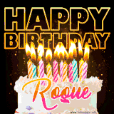 A vibrant animated GIF featuring a delicious birthday cake topped with glowing candles and the name 'Roque' in elegant script, and the words 'Happy Birthday' on the black background.