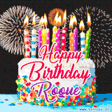 A lively happy birthday animated GIF showcasing a colorful birthday cake covered in sprinkles, topped with glowing candles, and surrounded by vibrant fireworks. The name 'Roque' is featured in elegant script.
