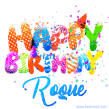 Animated GIF with colorful, festive 'Happy Birthday Roque' text decorated with patterns, a party hat, and falling confetti. A vibrant and cheerful design for birthday celebrations.