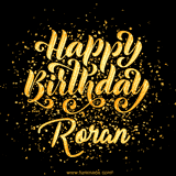 Animated GIF with colorful, festive 'Happy Birthday Roran' text decorated with patterns, a party hat, and falling confetti. A vibrant and cheerful design for birthday celebrations.