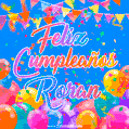 A vibrant animated GIF with 'Feliz Cumpleaños Roran' written in colorful script, surrounded by balloons, confetti, and bunting on a bright blue background.