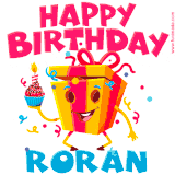 A funny animated birthday GIF with the words 'Happy Birthday Rorana', colorful gift box with arms and legs, holding a cupcake with a lit candle  with confetti everywhere.
