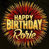 Golden 'Happy Birthday Rorie' text accompanied by animated rainbow fireworks for a festive animated greeting.