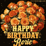 Animated bouquet of orange roses with moving butterfles and golden 'Happy Birthday Rorie' text, surrounded by sparkling accents and a dark backdrop for a luxurious feel.