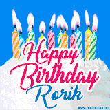 A cheerful animated GIF featuring colorful lit birthday candles on a white cake, with the text 'Happy Birthday Rorik' in bold red and blue script on a bright blue background.
