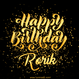 Animated GIF with colorful, festive 'Happy Birthday Rorik' text decorated with patterns, a party hat, and falling confetti. A vibrant and cheerful design for birthday celebrations.