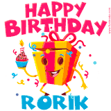 A funny animated birthday GIF with the words 'Happy Birthday Rorika', colorful gift box with arms and legs, holding a cupcake with a lit candle  with confetti everywhere.