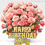 Golden 'Happy Birthday Rory' text beneath a vibrant bouquet of orange roses, complete with glittering butterflies and sparkling details.