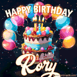 Bright birthday animation for Rory with a chocolate cake, candles, balloons, and glowing celebratory lights.